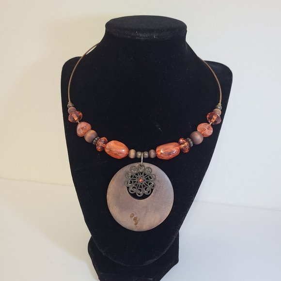 Jewelry - Copper beaded Necklace with wooden pendant